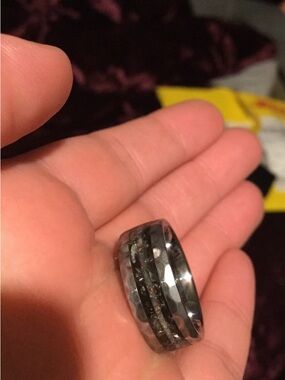 Hammered Tungsten, Muonionalusta Meteorite. Moonstone Center. Men’s Size 8 Ring